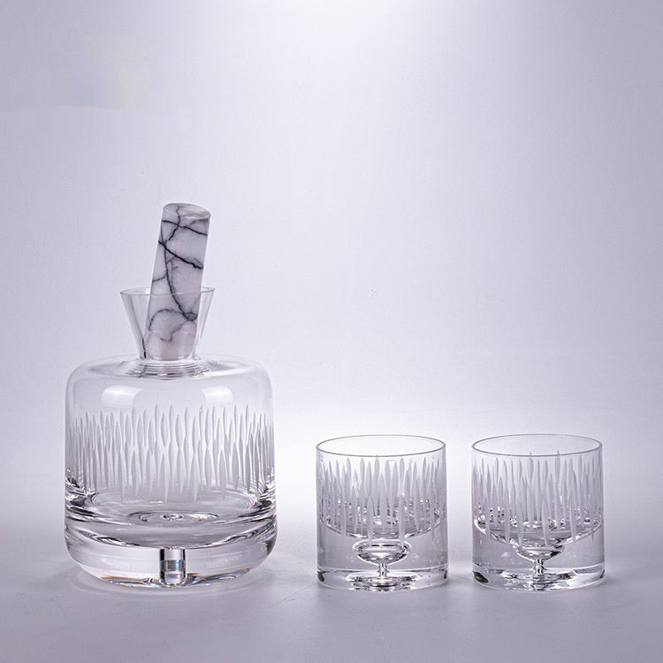 Carved Art Glass Wine Decanter and 2 Cup Set