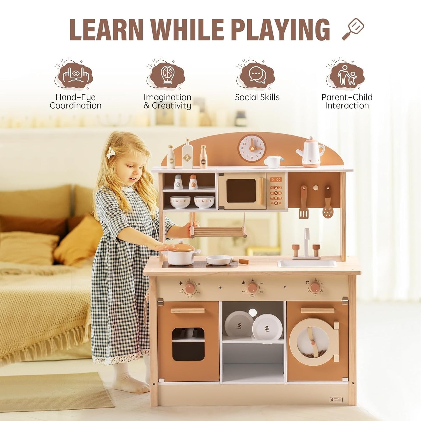 Large Wooden Kitchen Playset for Kids with Pretend Cooking Accessories