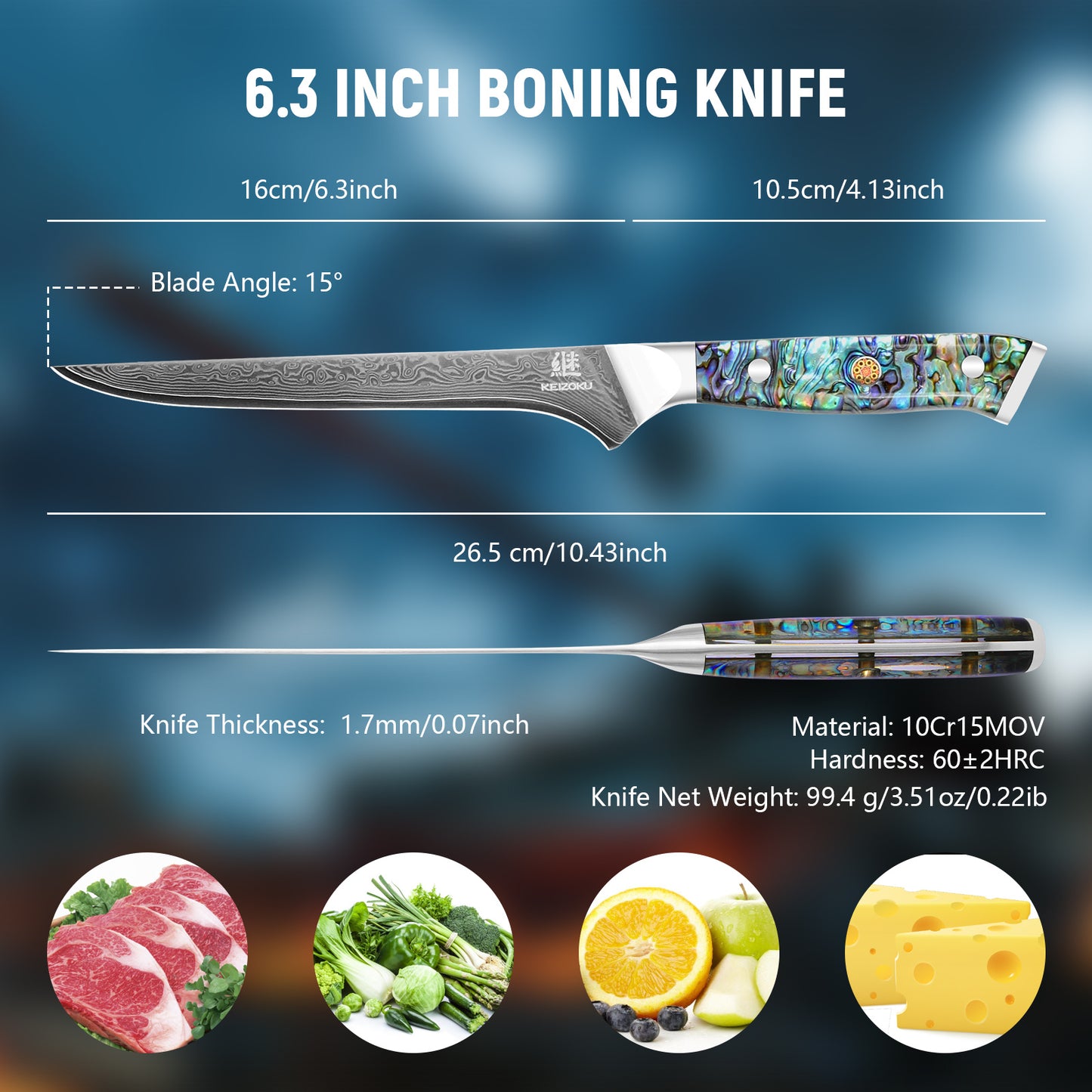 Professional Japanese Damascus 8-Inch Steel Santuko Chef Knife with Hand-Forged Hammer Pattern and Ergonomic Abalone Shell Handle