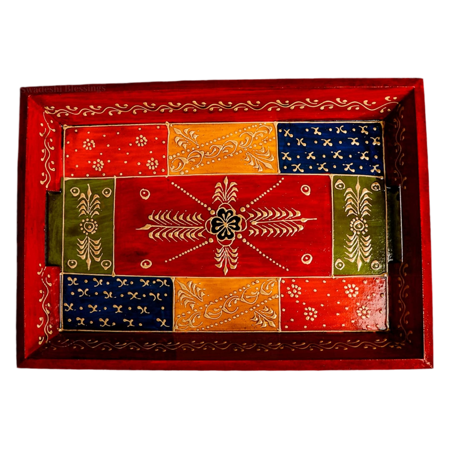 Swadeshi Blessings Handcrafted and Hand-Painted Embossed Wooden Serving Trays Set of 3 - for Kitchen/Table & Home Decor/Dinning/Gifts/Restaurants/Living Room/Coffee Table (AntiqueRed)