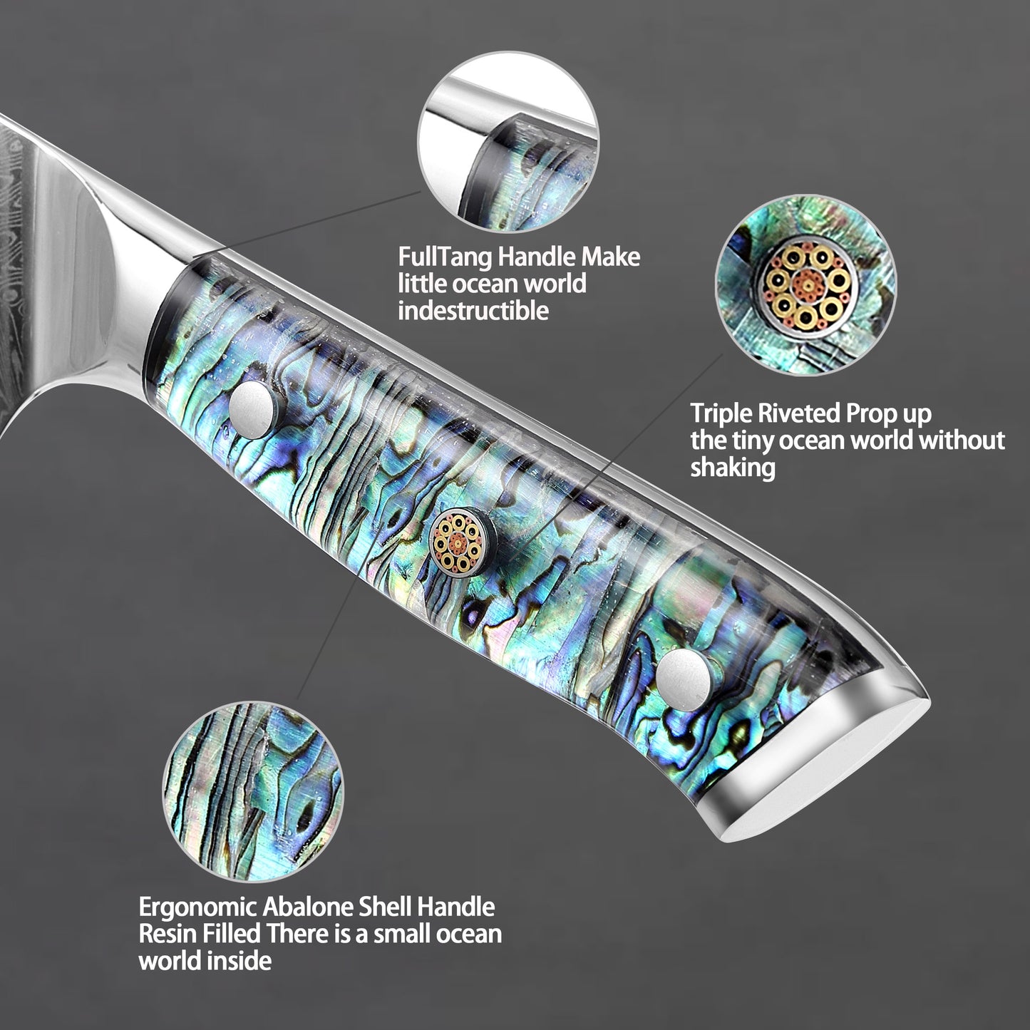 Professional Japanese Damascus 8-Inch Steel Santuko Chef Knife with Hand-Forged Hammer Pattern and Ergonomic Abalone Shell Handle