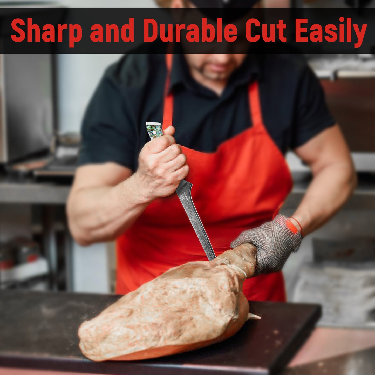 Professional Japanese Damascus 8-Inch Steel Santuko Chef Knife with Hand-Forged Hammer Pattern and Ergonomic Abalone Shell Handle