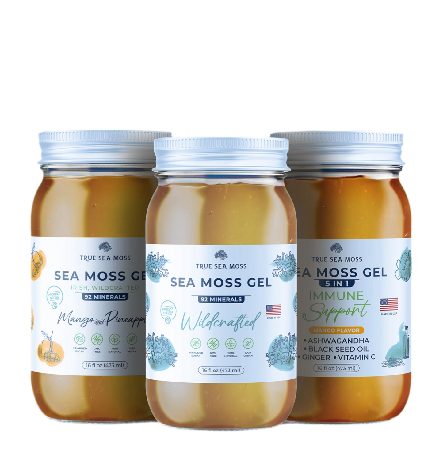 TrueSeaMoss Wildcrafted Irish Sea Moss Gel - Made with Dried Seaweed & Fresh Sea Vegetables, Seamoss - Made in USA (Mango/Pineapple, Pack of 5)