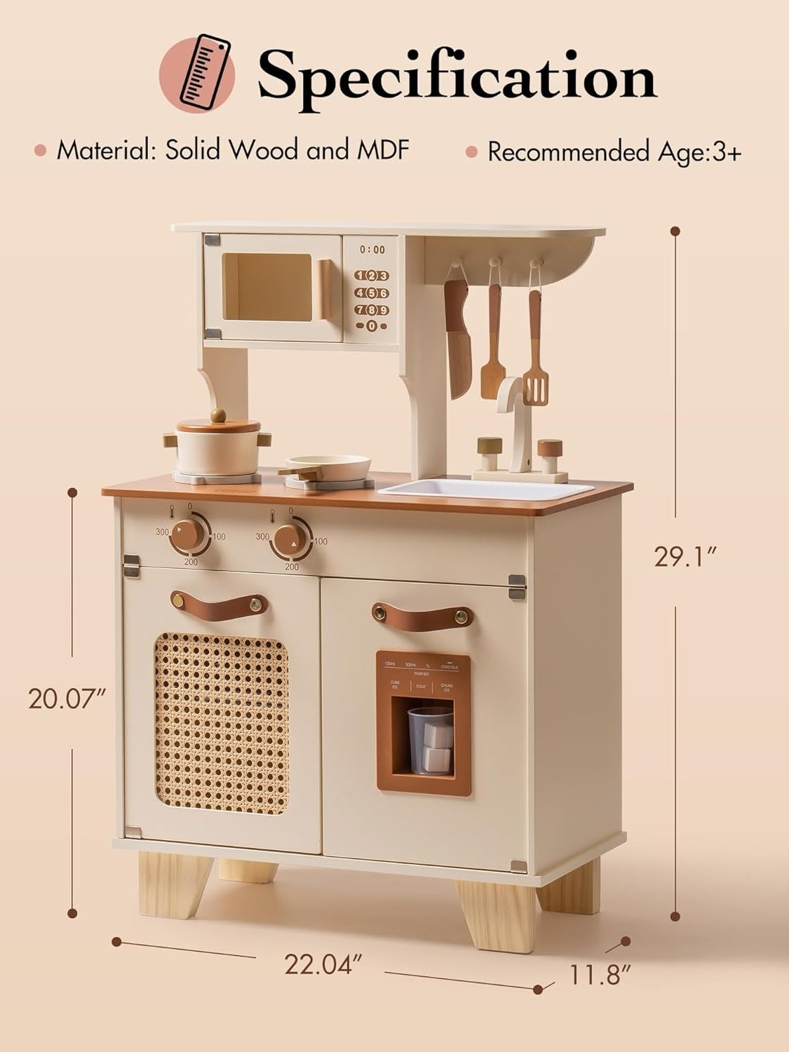 Wooden Play Kitchen with Pretend Ice Cube Dispenser for Toddlers Aged 3 and Up