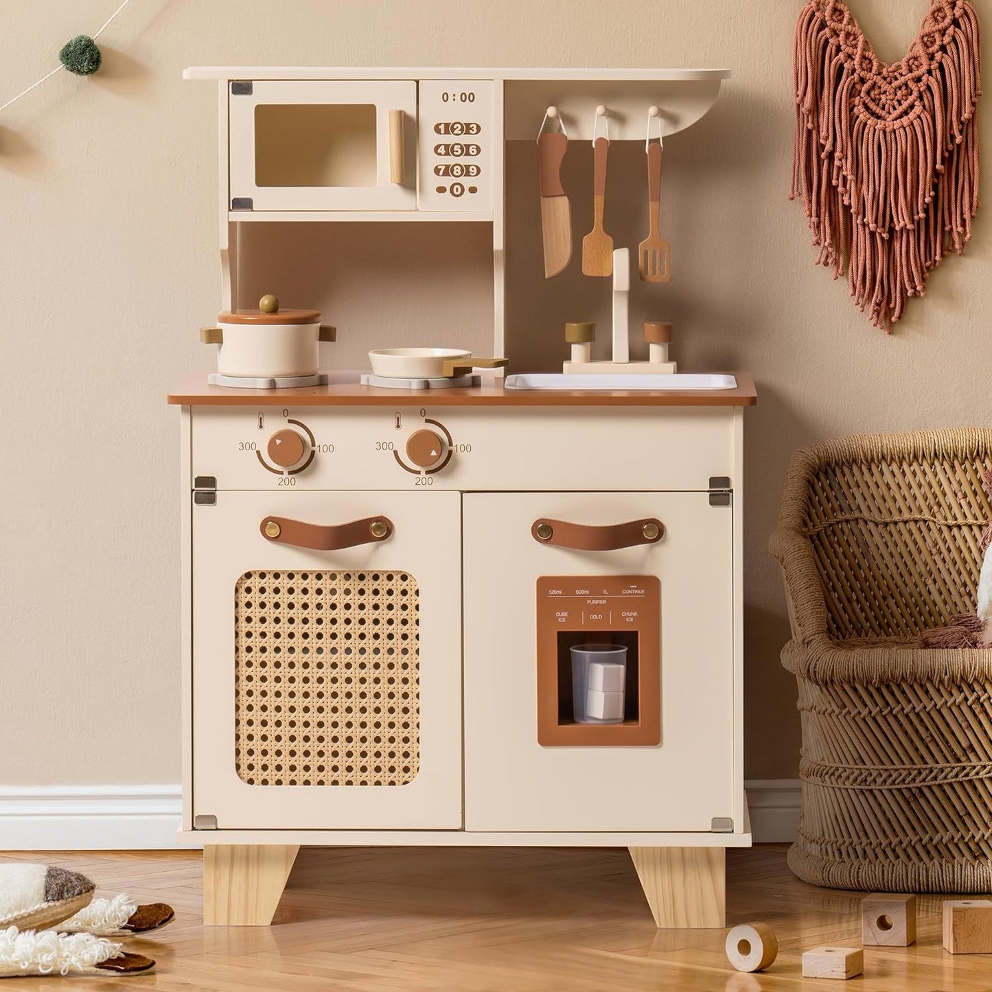 Wooden Play Kitchen with Pretend Ice Cube Dispenser for Toddlers Aged 3 and Up