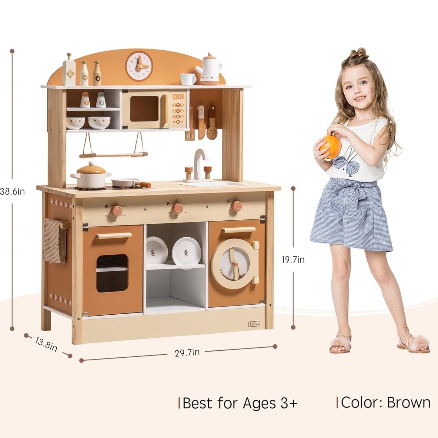 Large Wooden Kitchen Playset for Kids with Pretend Cooking Accessories