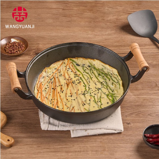 11.8-in. Pancake Griddle with Wooden Handle, Cast Iron Skillet, Uncoated Pan For Home, Thickened Non-Stick Skillet, Multi-Purpose Skillet with Wire Balls