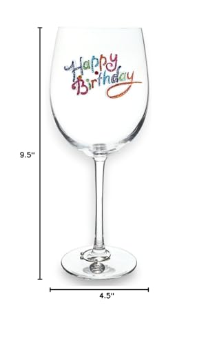 Happy Birthday Jeweled Stemmed Wine Glass, 21 oz. - Unique Gift for Women, Birthday, Cute, Fun, Not Painted, Decorated, Bling, Bedazzled, Rhinestone