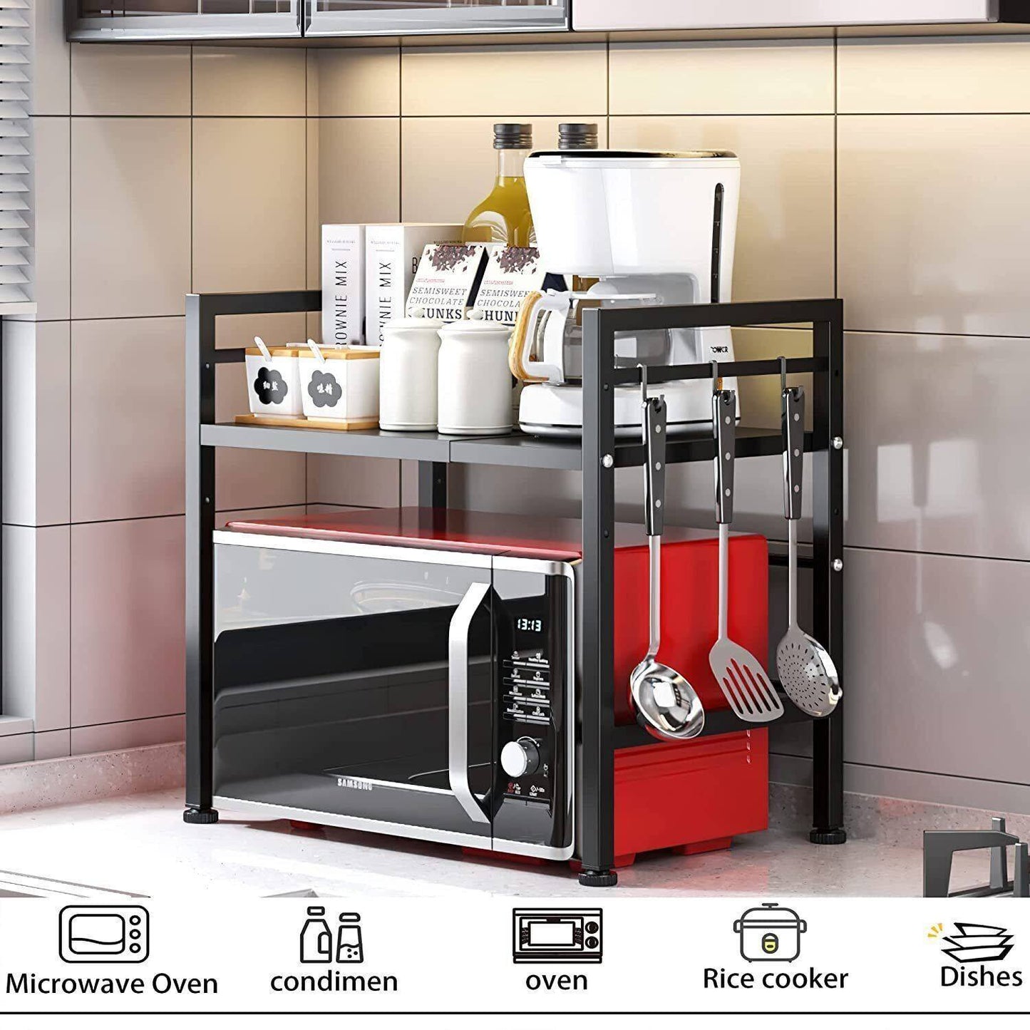 Practical Black Kitchen Storage Rack with 6 Hooks
