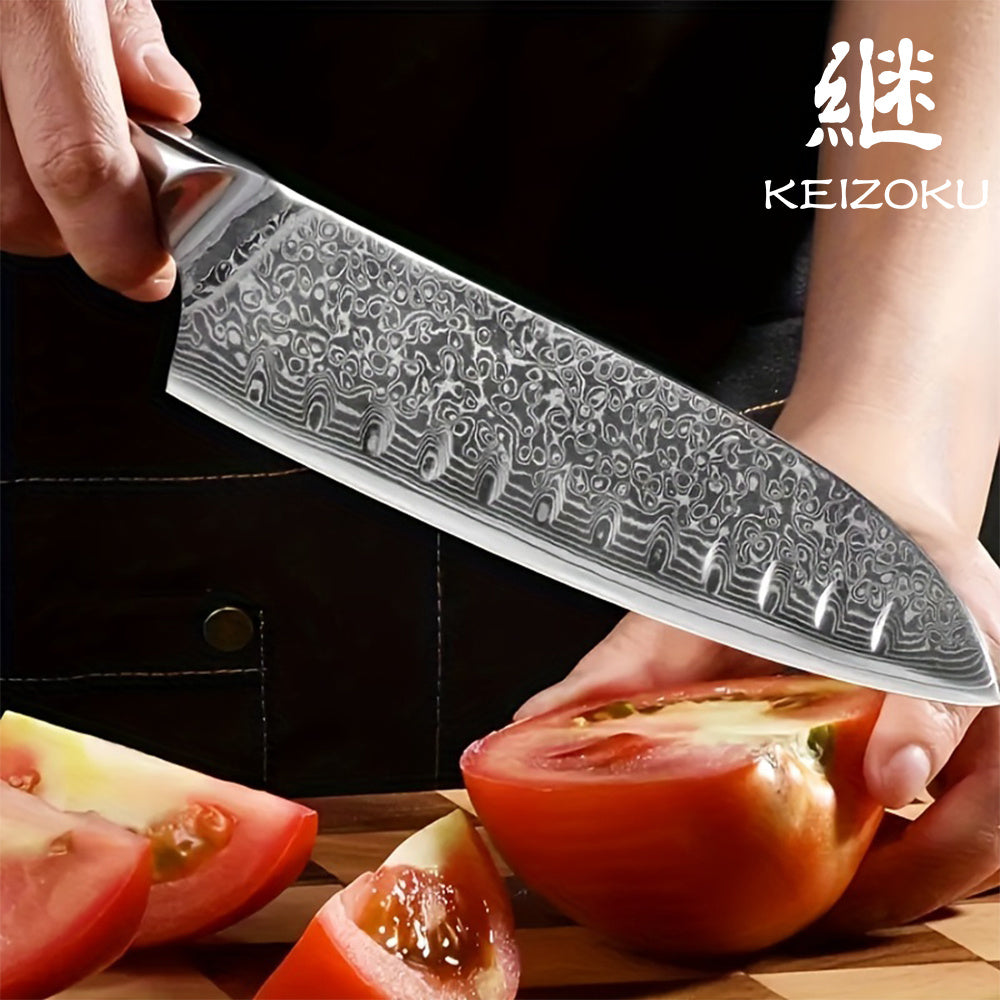 Professional Japanese Damascus 8-Inch Steel Santuko Chef Knife with Hand-Forged Hammer Pattern and Ergonomic Abalone Shell Handle
