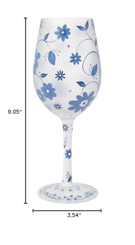 Enesco Lolita Designs Blue Chinoiserie Charm Floral Hand-Painted Artisan Wine Glass, 15 Oz.
