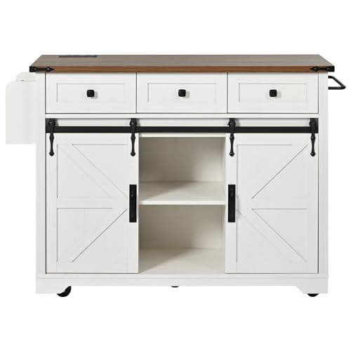 Ball & Cast Farmhouse Kitchen Island Cart with Power Outlet, 2 Sliding Barn Doors, 3 Adjustable Shelves, Kitchen Storage Island with Drop Leaf, Spice Rack, Rolling Cart on Wheels, for Kitchen or Dining Room, White