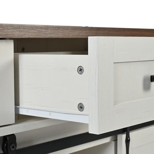 Ball & Cast Farmhouse Kitchen Island Cart with Power Outlet, 2 Sliding Barn Doors, 3 Adjustable Shelves, Kitchen Storage Island with Drop Leaf, Spice Rack, Rolling Cart on Wheels, for Kitchen or Dining Room, White