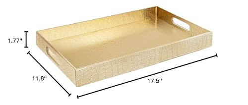 Home Redefined 18"x12" Gold Glossy Crocodile Faux Leather Serving Tray Beautiful Modern Elegant Decorative Tray with Handles Ottoman Coffee Table Tray for All Occasion's