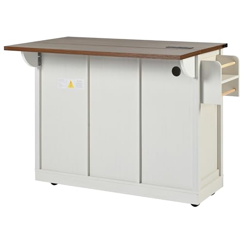 Ball & Cast Farmhouse Kitchen Island Cart with Power Outlet, 2 Sliding Barn Doors, 3 Adjustable Shelves, Kitchen Storage Island with Drop Leaf, Spice Rack, Rolling Cart on Wheels, for Kitchen or Dining Room, White