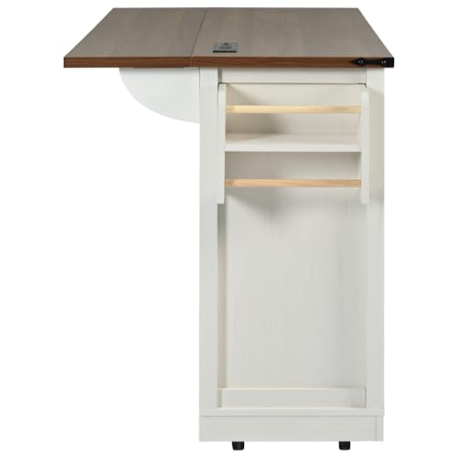 Ball & Cast Farmhouse Kitchen Island Cart with Power Outlet, 2 Sliding Barn Doors, 3 Adjustable Shelves, Kitchen Storage Island with Drop Leaf, Spice Rack, Rolling Cart on Wheels, for Kitchen or Dining Room, White