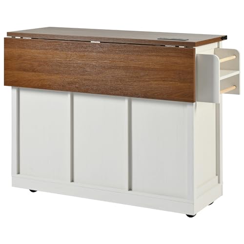 Ball & Cast Farmhouse Kitchen Island Cart with Power Outlet, 2 Sliding Barn Doors, 3 Adjustable Shelves, Kitchen Storage Island with Drop Leaf, Spice Rack, Rolling Cart on Wheels, for Kitchen or Dining Room, White