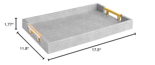 Home Redefined Modern Elegant 18"x12" Rectangle Glossy Grey Shagreen Faux Leather Tray Decorative Tray Ottoman Tray Coffee Table Perfume Kitchen Serving Tray with Gold Polished Metal Handles.