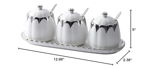 Magnitt Porcelain Condiment Jar Spice Container with Lids, Spoon and Tray, Set of 3,Modern Spice Box Seasoning Jar for Your Home, Kitchen, Counter (White silver)