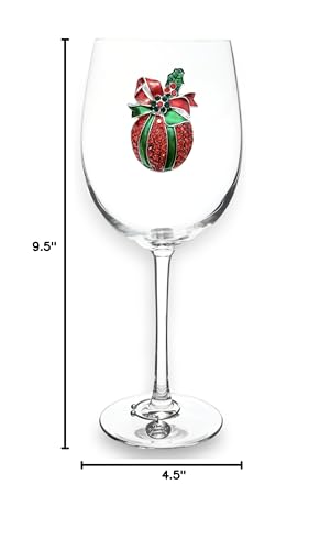 Christmas Ornament Jeweled Stemmed Wine Glass, 21 oz. - Unique Gift for Women, Birthday, Cute, Fun, Not Painted, Decorated, Bling, Bedazzled, Rhinestone