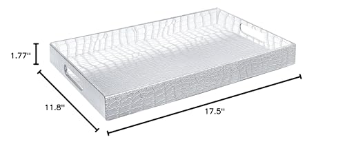 Home Redefined 18"x12" Silver Glossy Crocodile Faux Leather Serving Tray Beautiful Modern Elegant Decorative Tray with Handles Ottoman Coffee Table Tray for All Occasion's