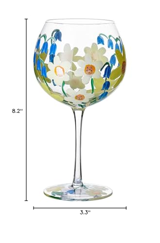 Hand-Painted Wine Glass Blue White Yellow Flowers Artisan Painted 20.5 Oz. Personalised Gift Idea