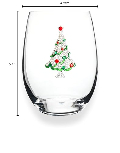 Christmas Tree Jeweled Stemless Wine Glass, 21 oz. - Unique Gift for Women, Birthday, Cute, Fun, Holiday, Not Painted, Decorated, Bling, Bedazzled, Rhinestone