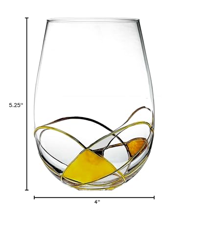 Bezrat Stemless Wine Glasses Set of Two | Hand Painted Large Premium Red and White Wine glasses | Lead-Free Crystal | Essential Wine Gift | 18 Ounces (Gold)