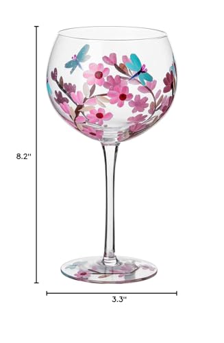 Hand-Painted Wine Glass Pink Flower Dragonflies Artisan Painted 20 Oz. Personalized Gift Idea