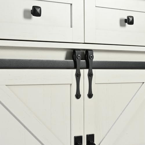 Ball & Cast Farmhouse Kitchen Island Cart with Power Outlet, 2 Sliding Barn Doors, 3 Adjustable Shelves, Kitchen Storage Island with Drop Leaf, Spice Rack, Rolling Cart on Wheels, for Kitchen or Dining Room, White