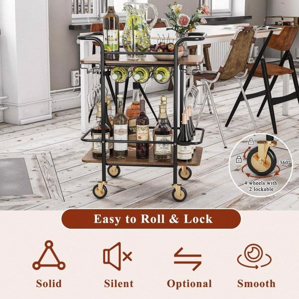 Versatile 2-Tier Bar Cart or Serving Cart On Wheels