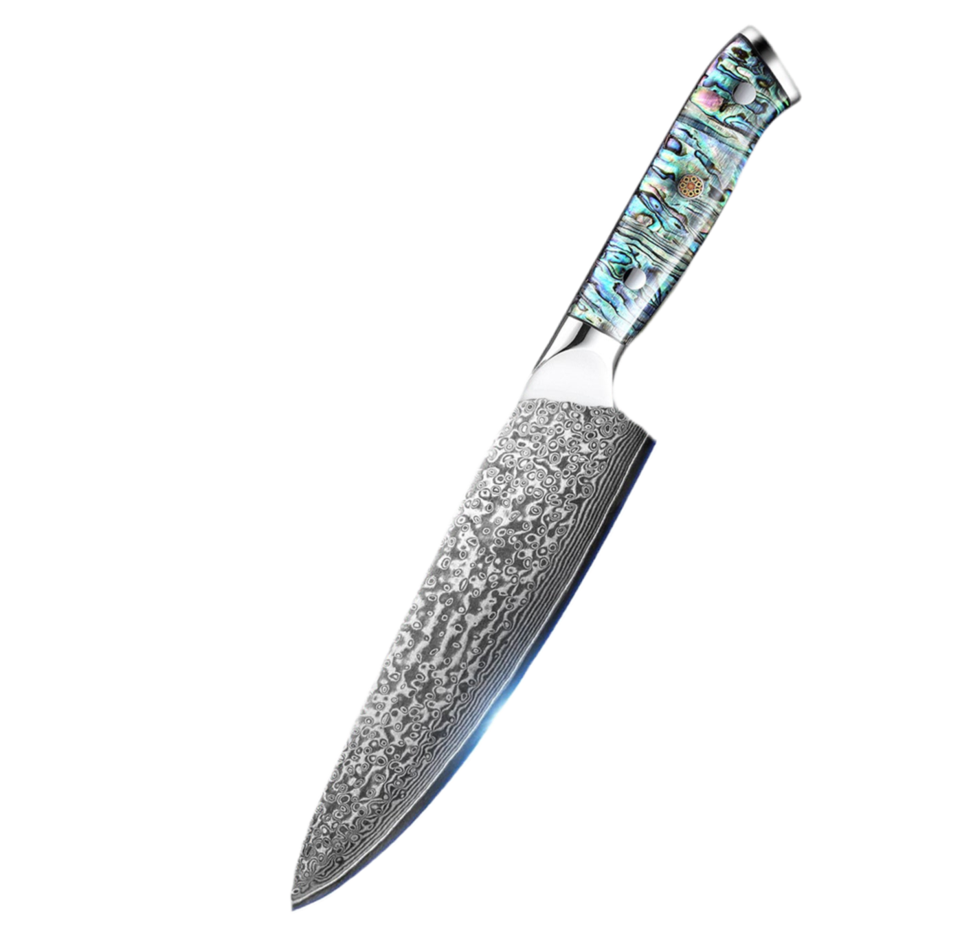 Professional Japanese Damascus 8-Inch Steel Santuko Chef Knife with Hand-Forged Hammer Pattern and Ergonomic Abalone Shell Handle