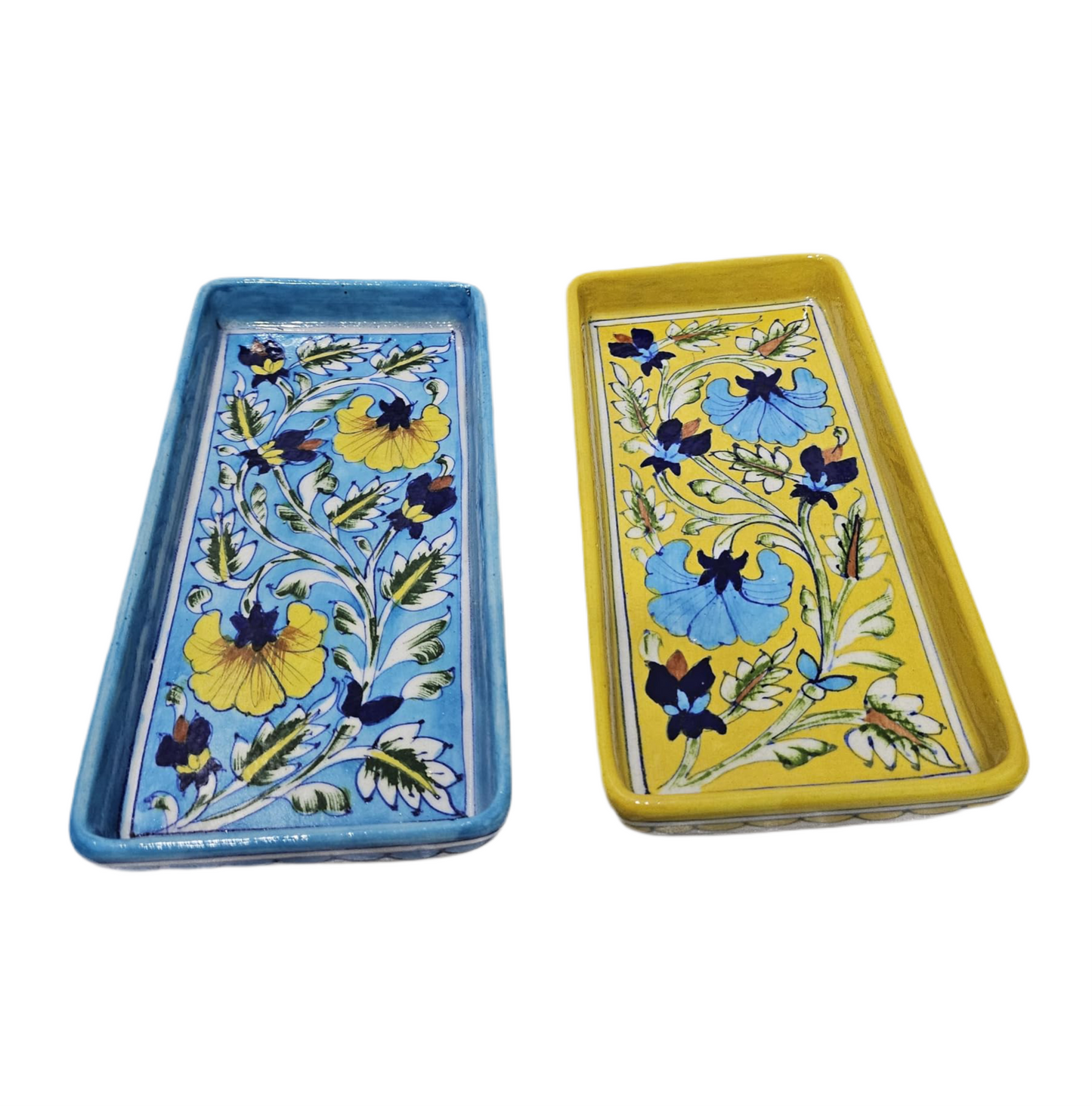 Tradition Treasure Azure and Sunburst Serving Platters Hand-Painted Ceramic Serving Dinner Plate Set of 2 – Sky Blue and Yellow Rectangle Trays for Main Meals, Tacos, Lunches, Snacks, Platters-8.5” x 5”