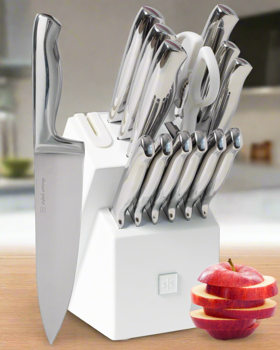 Styled Settings Stainless Steel Knife Set with Built In Sharpener - 14-Piece Ultra Sharp, High Carbon Stainless Steel Kitchen Knife Set includes White Knife Base