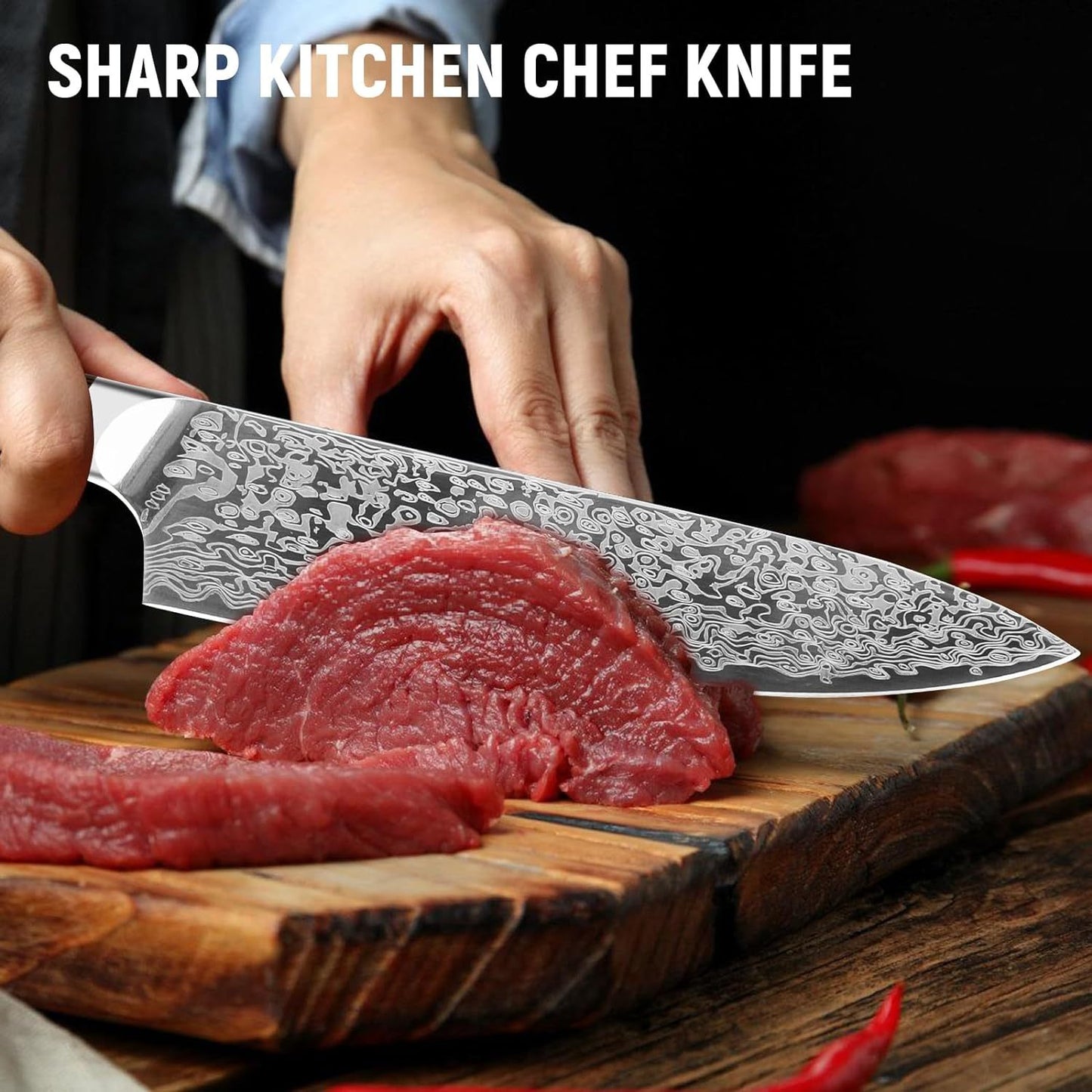 Japanese Vanadium Steel 7.8-Inch Chef Knife, Sharp Kitchen Knives With Laser Pattern and Rosewood Handle