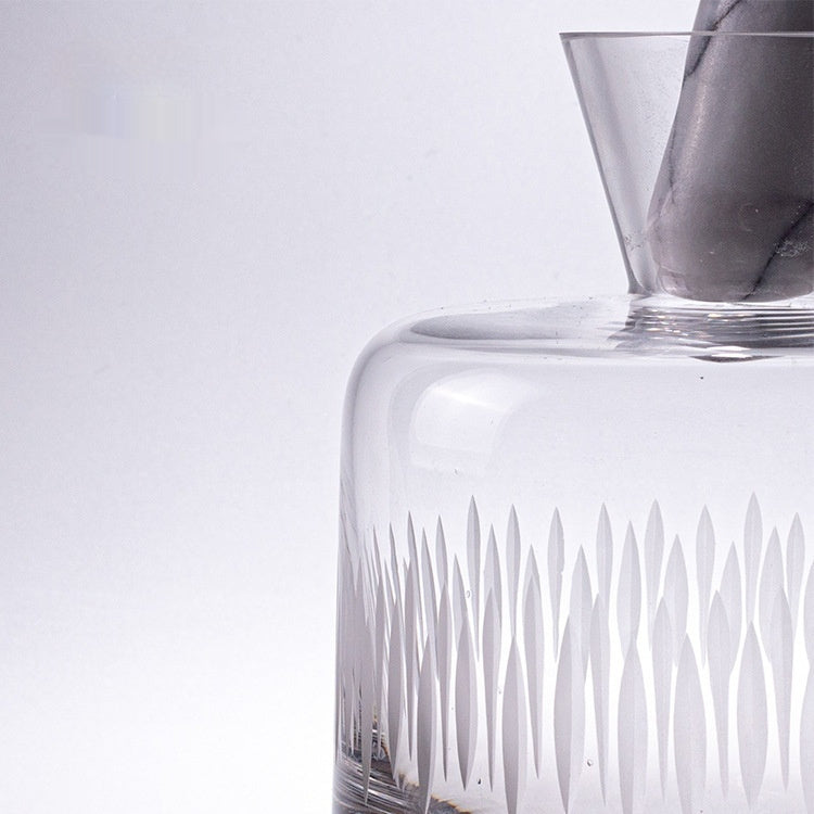 Carved Art Glass Wine Decanter and 2 Cup Set