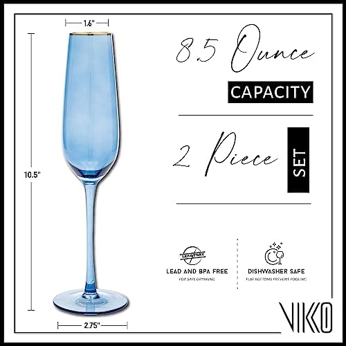 Vikko Champagne Flutes, 8.5 Ounce Toasting Champagne Flute, Blue with Gold Rim Crystal Clear Champagne Glasses, Set of 2 Elegant Sparkling Wine Glasses