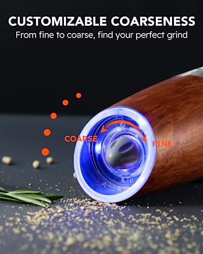 Upgraded 9 Oz. Capacity Gravity Electric Salt and Pepper Grinder Set, Battery Powered One-Hand Operation Refillable Automatic Pepper Grinder Adjustable Coarseness (Wood grain)