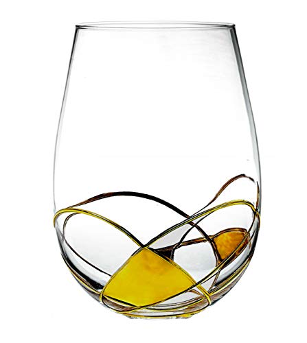 Bezrat Stemless Wine Glasses Set of Two | Hand Painted Large Premium Red and White Wine glasses | Lead-Free Crystal | Essential Wine Gift | 18 Ounces (Gold)