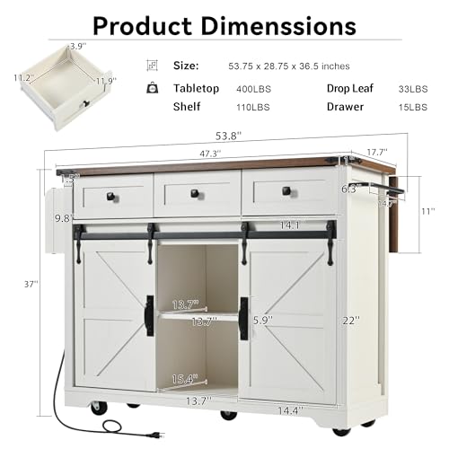 Ball & Cast Farmhouse Kitchen Island Cart with Power Outlet, 2 Sliding Barn Doors, 3 Adjustable Shelves, Kitchen Storage Island with Drop Leaf, Spice Rack, Rolling Cart on Wheels, for Kitchen or Dining Room, White