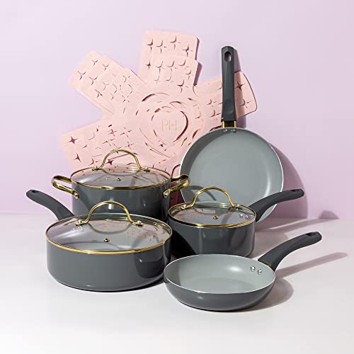 Paris Hilton Epic Nonstick Pots and Pans Set, Multi-layer Coating, Tempered Glass Lids, Soft Touch, Stay Cool Handles, Made without PFOA, Dishwasher Safe Cookware 12-Piece, Charcoal Gray