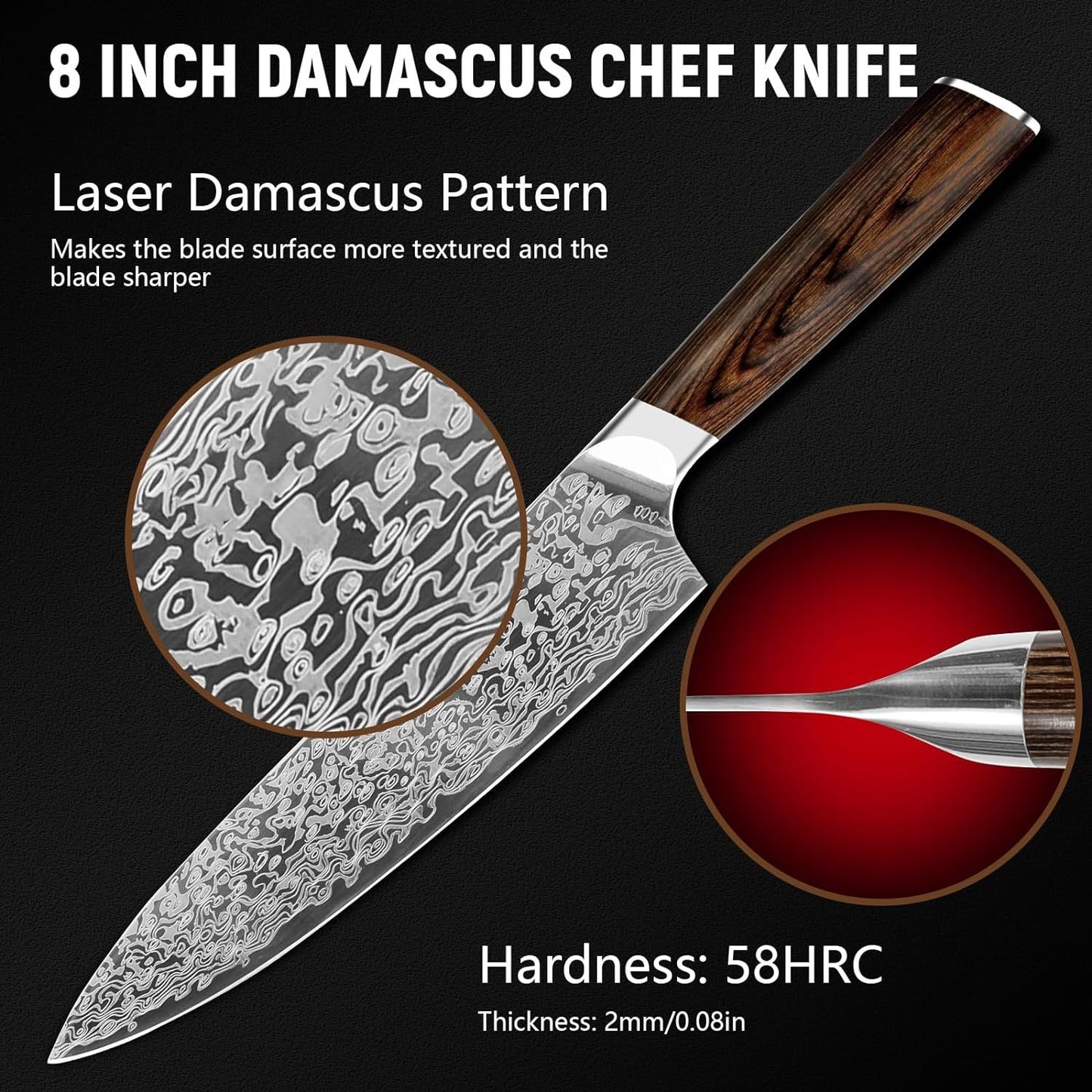 Japanese Vanadium Steel 7.8-Inch Chef Knife, Sharp Kitchen Knives With Laser Pattern and Rosewood Handle