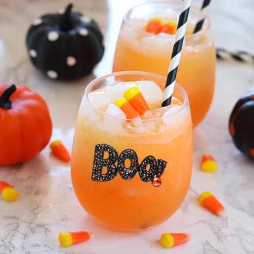 Halloween Boo Jeweled Stemless Wine Glass, 21 oz. - Unique Gift for Women, Birthday, Cute, Fun, Not Painted, Decorated, Bling, Bedazzled, Rhinestone