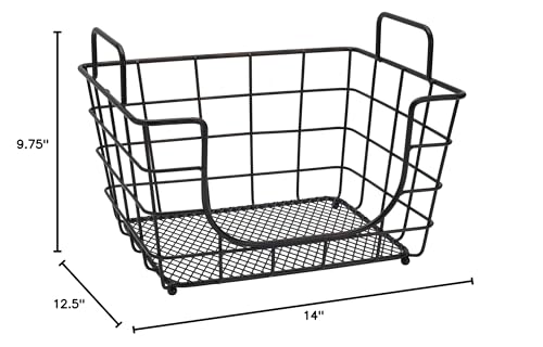 Gourmet Basics by Mikasa Madam Metal Stacking/Nesting Rectangular Basket with Acacia Lid, Antique Black