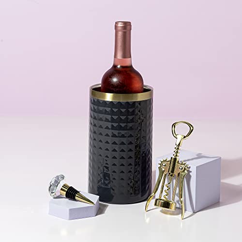 Paris Hilton Wine Bottle Chiller Set, Insulated Double Wall Chiller, Gold Winged Corkscrew Wine Bottle Opener, Diamond Wine Stopper, 3-Piece Set, Charcoal Gray