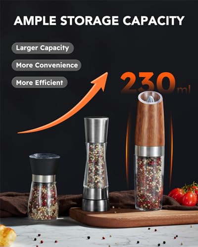 Upgraded 9 Oz. Capacity Gravity Electric Salt and Pepper Grinder Set, Battery Powered One-Hand Operation Refillable Automatic Pepper Grinder Adjustable Coarseness (Wood grain)