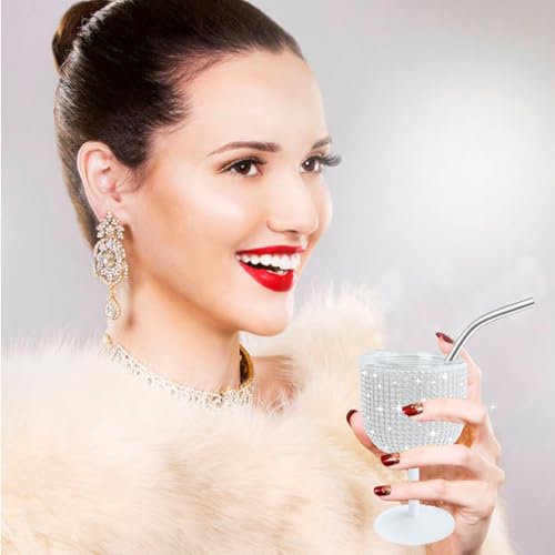 INSTOME Rhinestone Stainless Steel Wine Glasses,4oz Bling Stemmed Stainless Steel Wine Tumbler with Lid and Straw for Camping,Picnics,Travel,Birthday Gifts for Family (silver, 4oz)