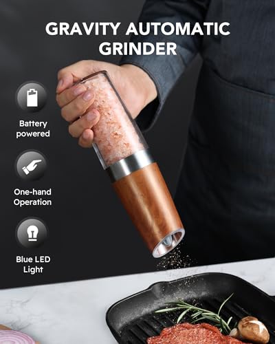 Upgraded 9 Oz. Capacity Gravity Electric Salt and Pepper Grinder Set, Battery Powered One-Hand Operation Refillable Automatic Pepper Grinder Adjustable Coarseness (Wood grain)