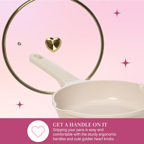 Paris Hilton Ceramic Nonstick Cookware Set, Cast Aluminum with Dual Layer Nonstick Coating, Gold Heart Knobs, Stay-Cool Handles, Made without PFAS, PFOA, PFOS & PTFE, Dishwasher Safe, 10-Piece, Cream