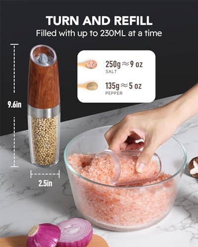 Upgraded 9 Oz. Capacity Gravity Electric Salt and Pepper Grinder Set, Battery Powered One-Hand Operation Refillable Automatic Pepper Grinder Adjustable Coarseness (Wood grain)